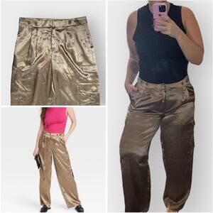NEW A New Day gold satin wide leg pleated cargo trouser pants
